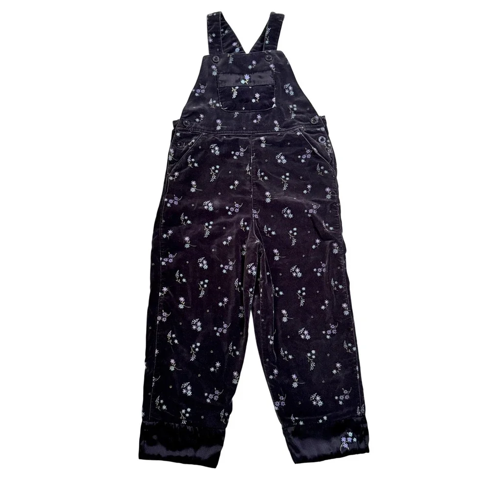 Vintage 90's Cherokee Overalls 5T Black Floral Velvet Embroidered Satin Trim